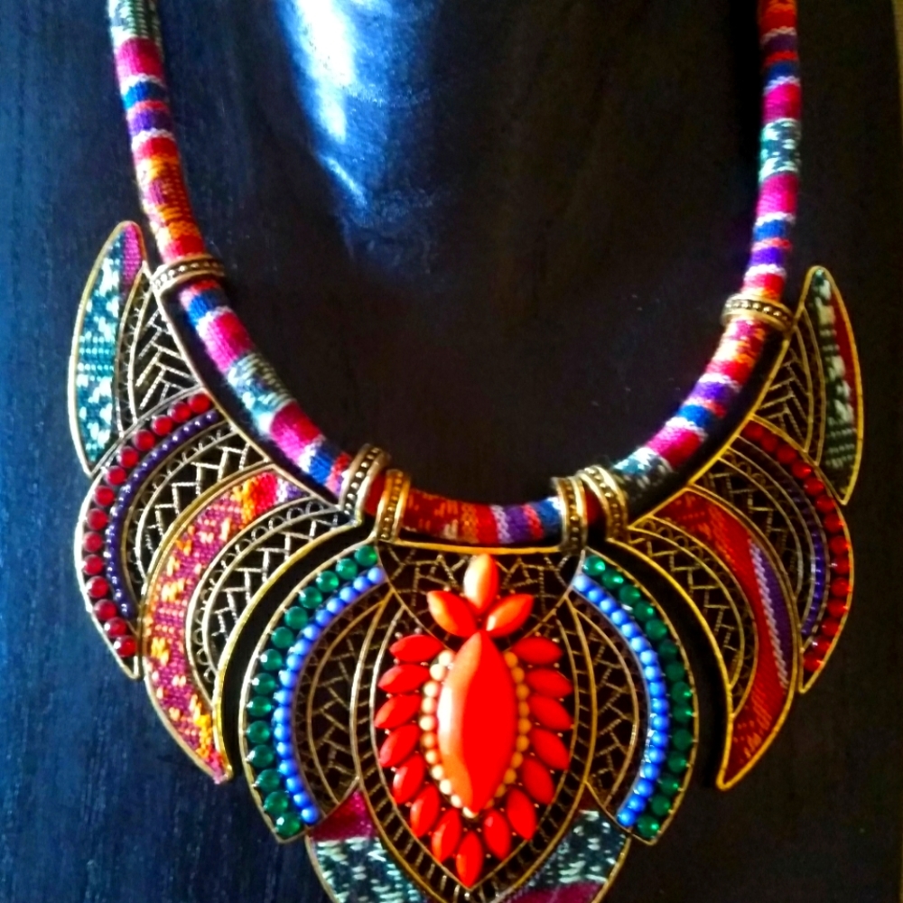 Tribal Boho Necklace on Woven Tapestry Cord w Crystals Bold Colors